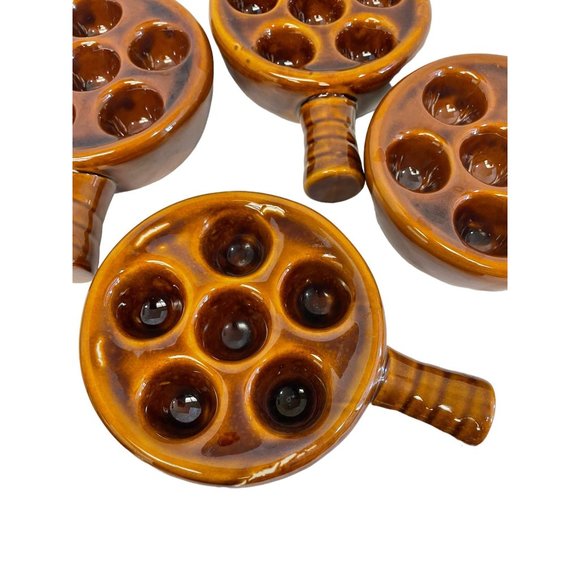 Taiwan Ceramic Brown Glazed Escargot Snail Plate Baking Dishes Handle Set of 4 - Picture 3 of 9